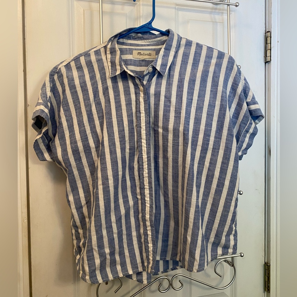 Madewell Blue and White Striped Short Sleeve Shirt